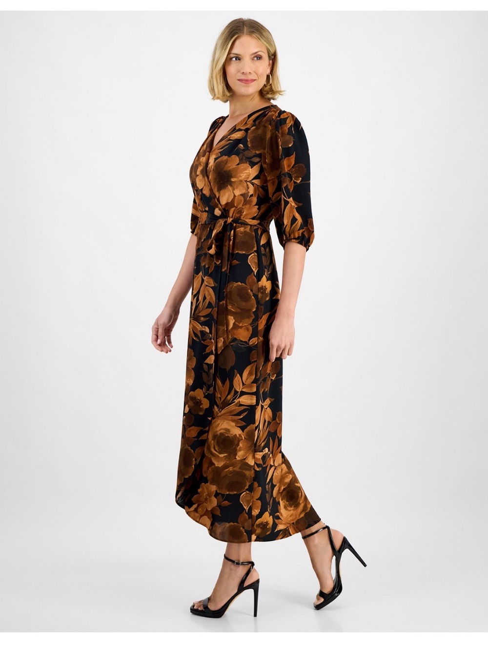 Faux-Wrap Maxi Dress in Black and Brown Floral - Picture 2 of 7